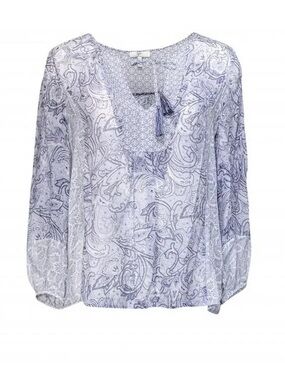 Joie Acerila Paisley Print Silk Long Sleeve Blouse - Purple and White
